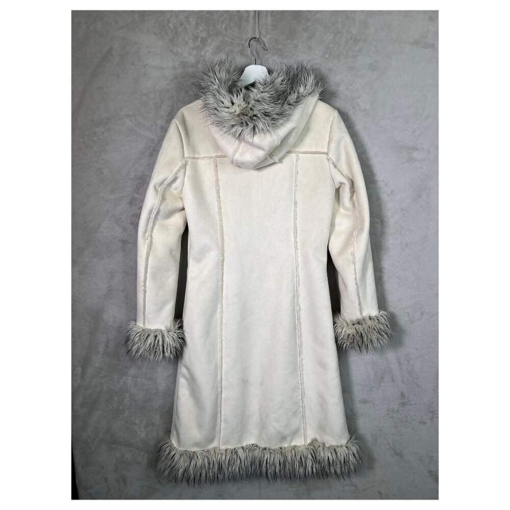 Y2K Bebe Ivory Faux Suede M Fur Trim Hooded Long Penny Lane Style Coat 2000s - Picture 2 of 16